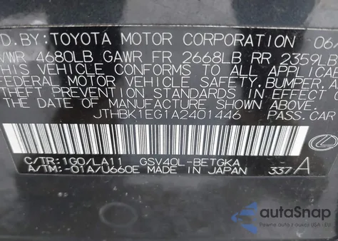 2010 Lexus Es 350 z USA, uszkodzony, nr VIN JTHBK1EG1A2401446